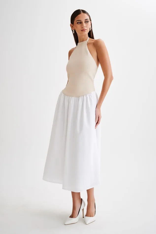 Women Meshki Dresses Katie Knit And Linen Midi Dress 8211 NaturalWhite
