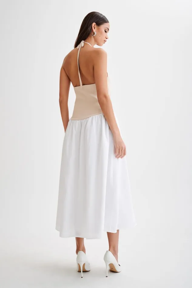 Women Meshki Dresses Katie Knit And Linen Midi Dress 8211 NaturalWhite