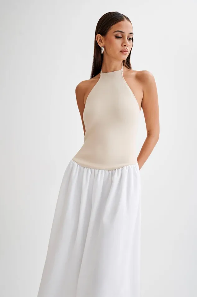 Women Meshki Dresses Katie Knit And Linen Midi Dress 8211 NaturalWhite