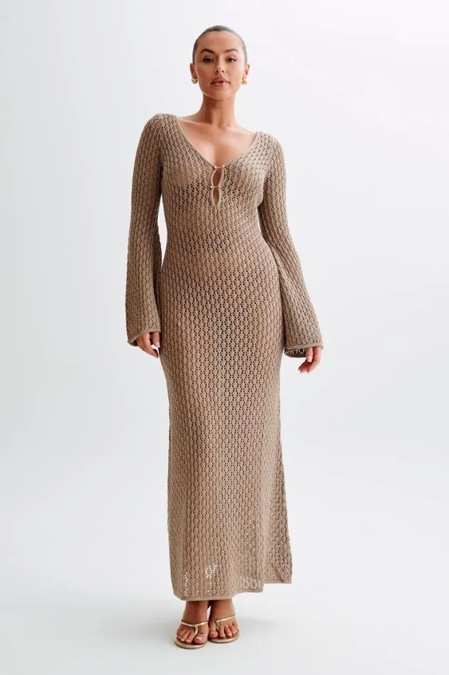 Women Meshki Dresses Kayleigh Crochet Fishtail Flare Sleeve Maxi Dress 8211 Taupe Women Meshki Dresses Kayleigh Crochet Fishtail Flare Sleeve Maxi Dress 8211 Taupe