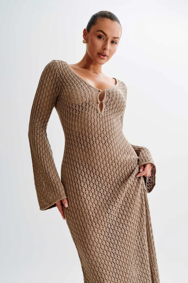 Women Meshki Dresses Kayleigh Crochet Fishtail Flare Sleeve Maxi Dress 8211 Taupe