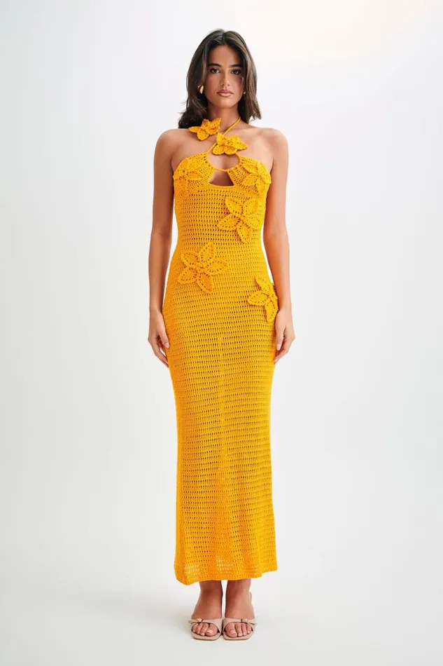 Women Meshki Dresses Kyla Floral Crochet Maxi Dress 8211 Orange Sherbet