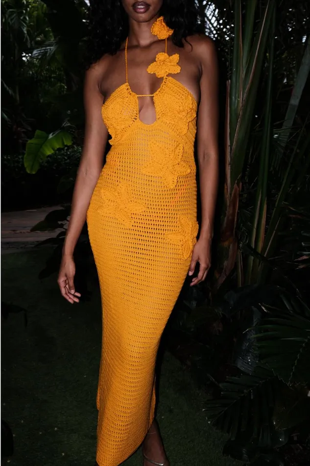 Women Meshki Dresses Kyla Floral Crochet Maxi Dress 8211 Orange Sherbet