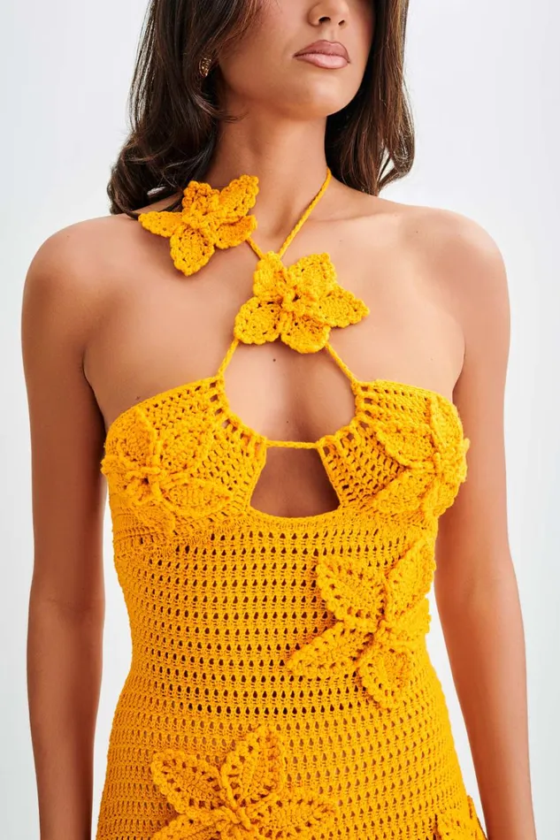 Women Meshki Dresses Kyla Floral Crochet Maxi Dress 8211 Orange Sherbet
