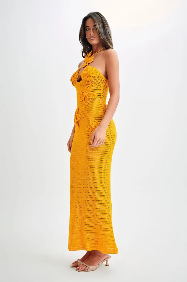 Women Meshki Dresses Kyla Floral Crochet Maxi Dress 8211 Orange Sherbet