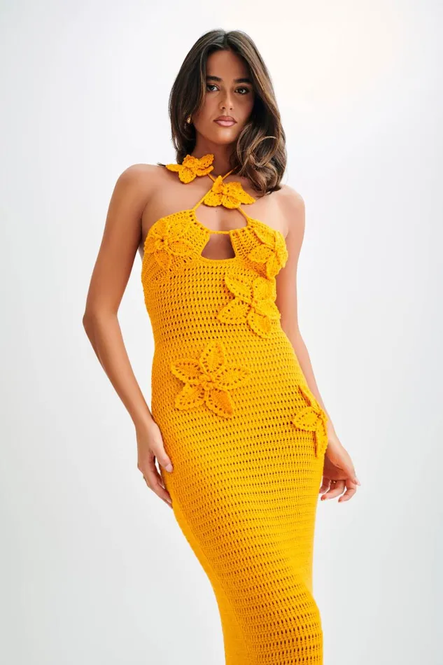 Women Meshki Dresses Kyla Floral Crochet Maxi Dress 8211 Orange Sherbet