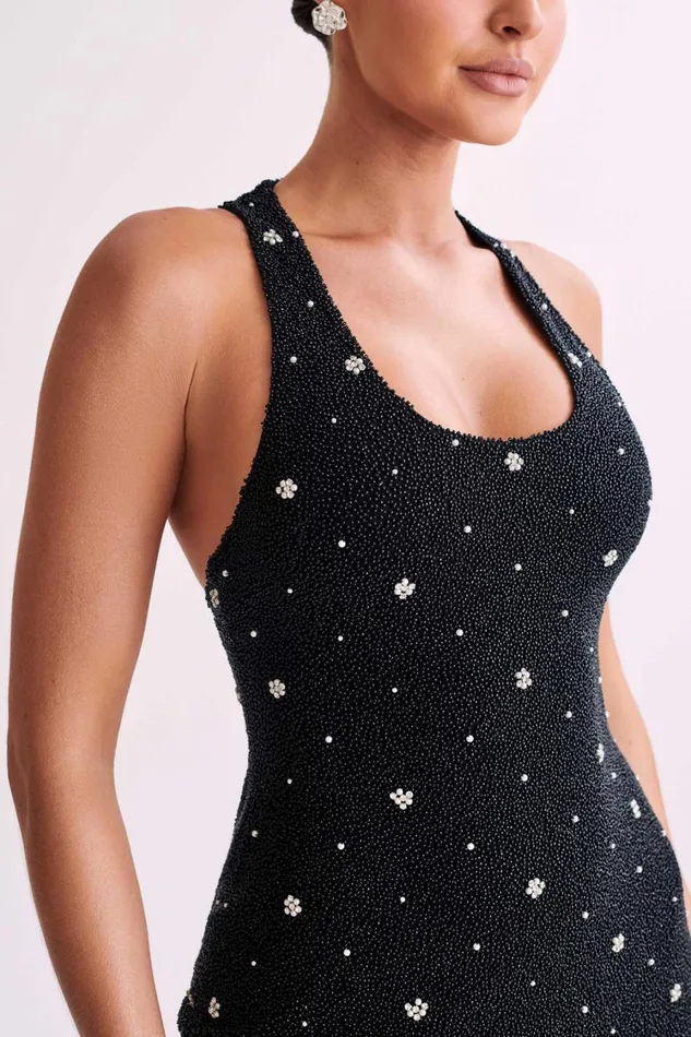 Women Meshki Dresses Laurel Beaded Micro Mini Dress With Racerback 8211 Black