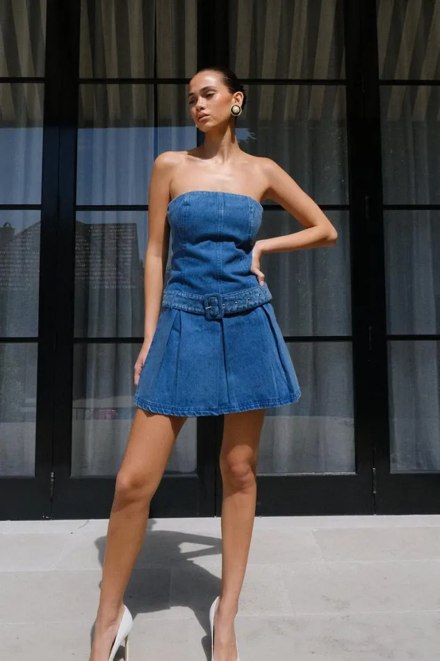 Women Meshki Dresses Lee Denim Pleated Mini Dress 8211 Dark Blue