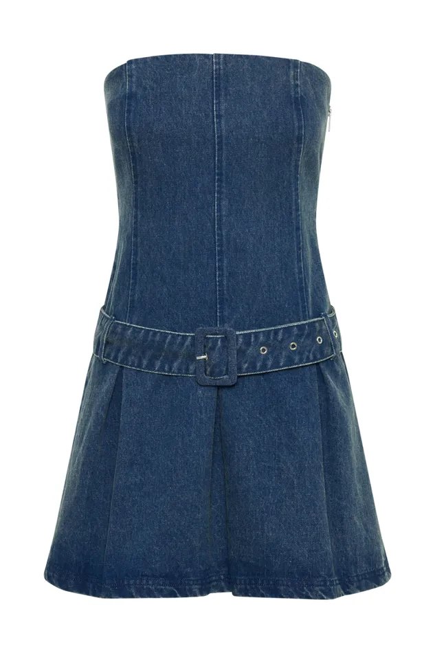 Women Meshki Dresses Lee Denim Pleated Mini Dress 8211 Dark Blue