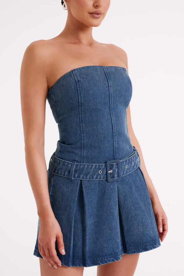 Women Meshki Dresses Lee Denim Pleated Mini Dress 8211 Dark Blue