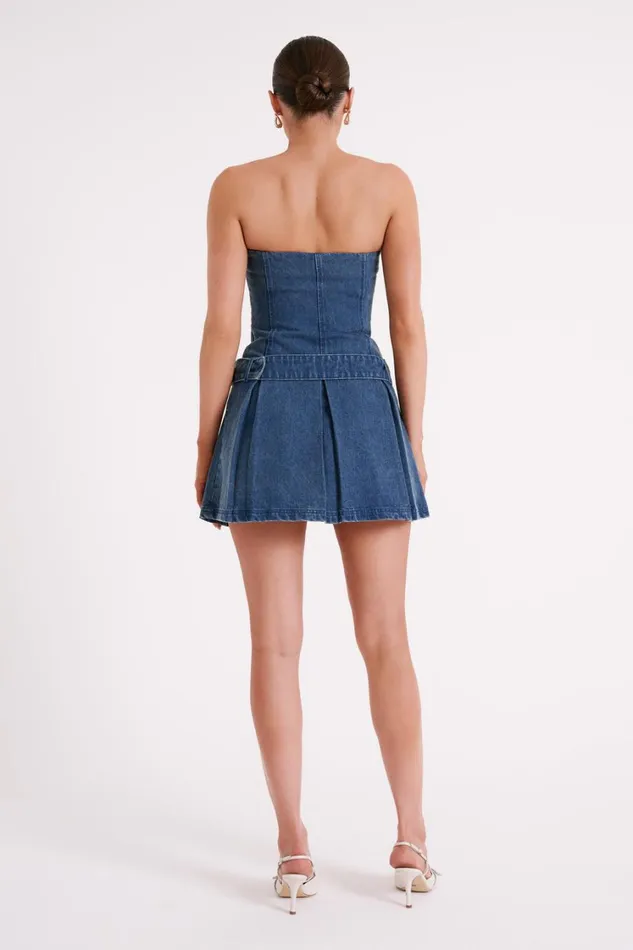 Women Meshki Dresses Lee Denim Pleated Mini Dress 8211 Dark Blue