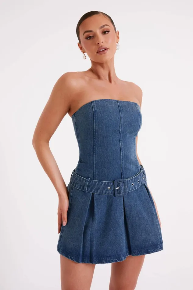 Women Meshki Dresses Lee Denim Pleated Mini Dress 8211 Dark Blue