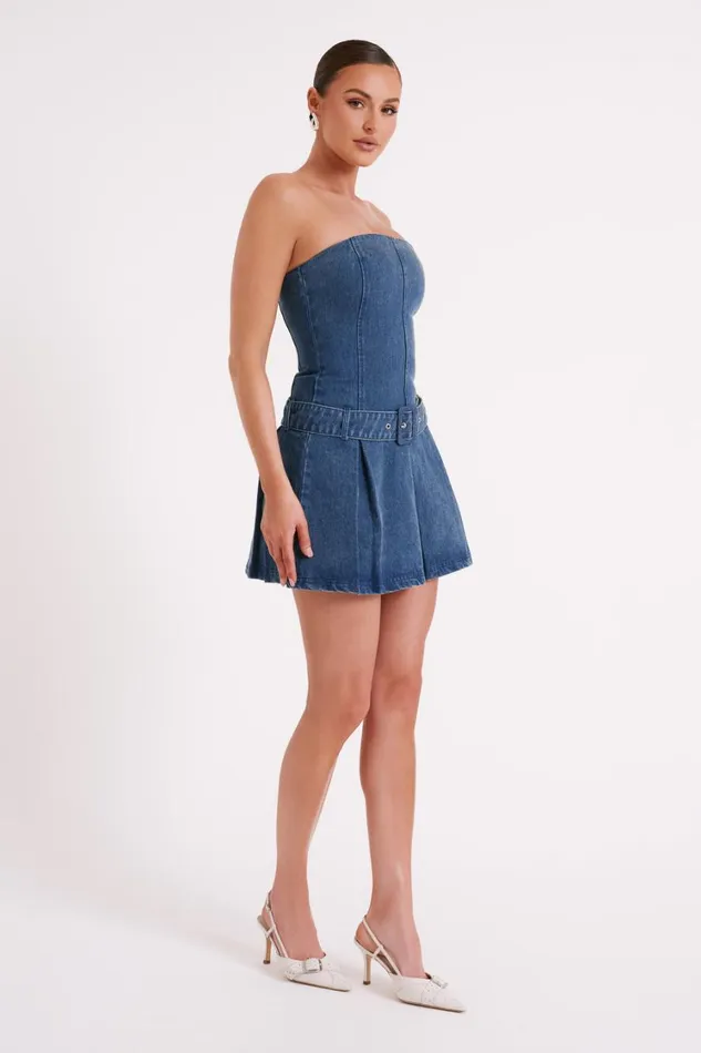 Women Meshki Dresses Lee Denim Pleated Mini Dress 8211 Dark Blue