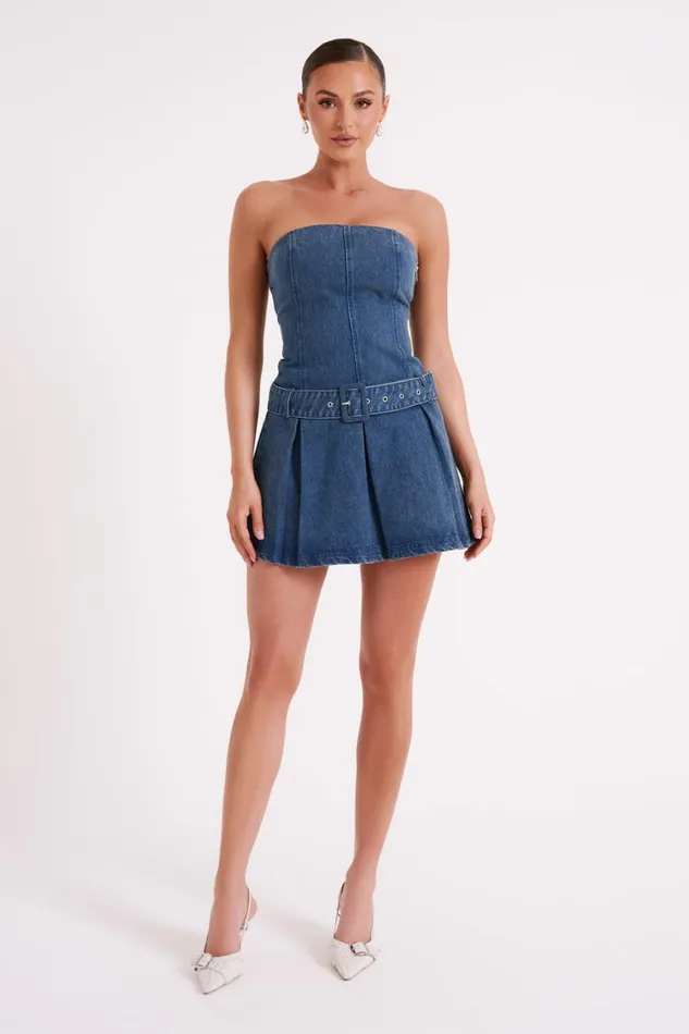 Women Meshki Dresses Lee Denim Pleated Mini Dress 8211 Dark Blue