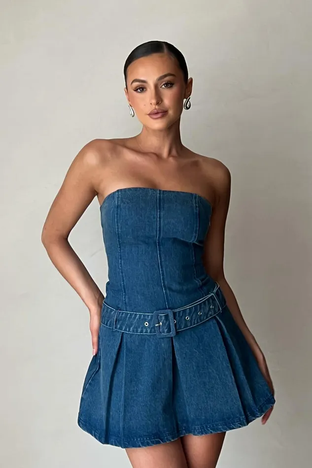 Women Meshki Dresses Lee Denim Pleated Mini Dress 8211 Dark Blue