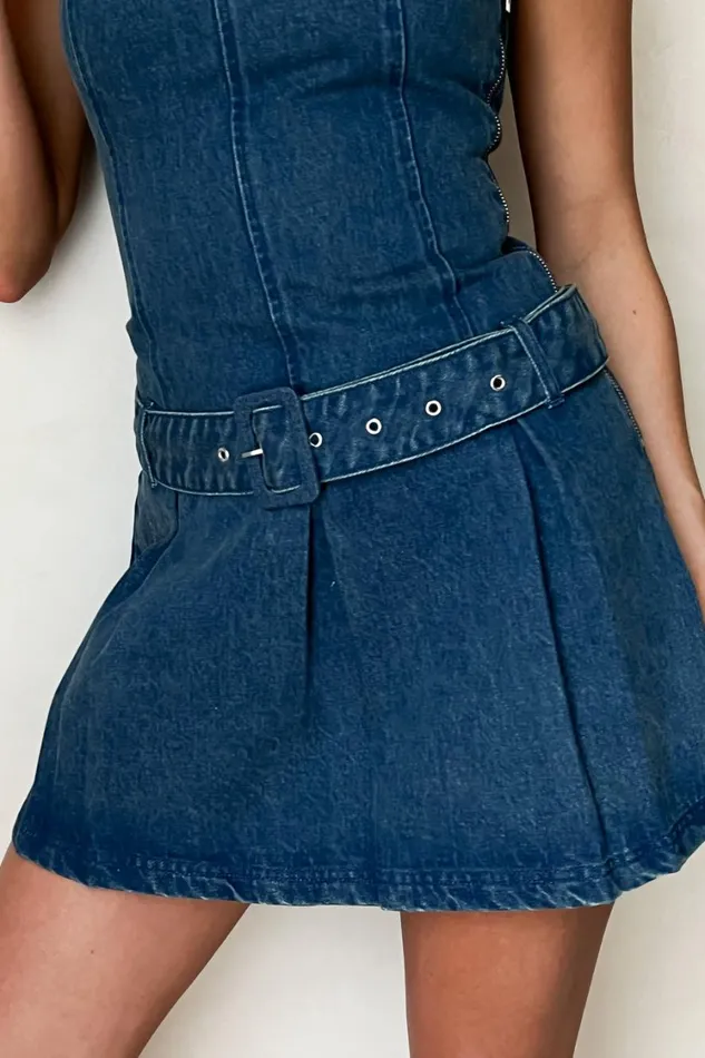Women Meshki Dresses Lee Denim Pleated Mini Dress 8211 Dark Blue