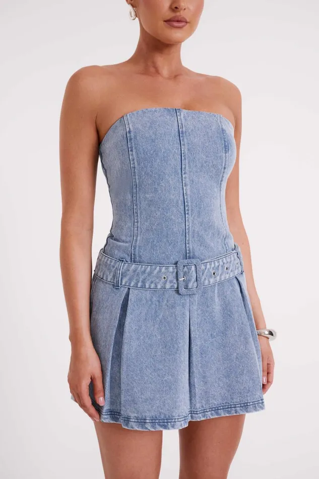 Women Meshki Dresses Lee Denim Pleated Mini Dress 8211 Vintage Blue