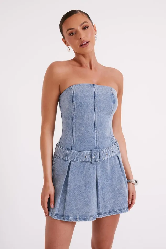 Women Meshki Dresses Lee Denim Pleated Mini Dress 8211 Vintage Blue