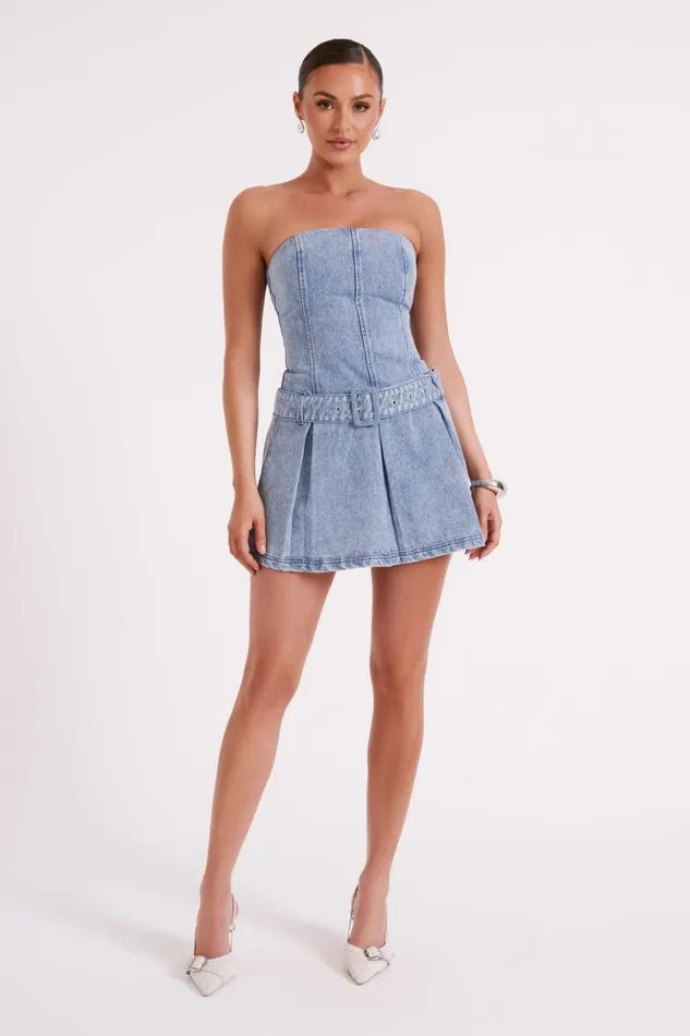 Women Meshki Dresses Lee Denim Pleated Mini Dress 8211 Vintage Blue