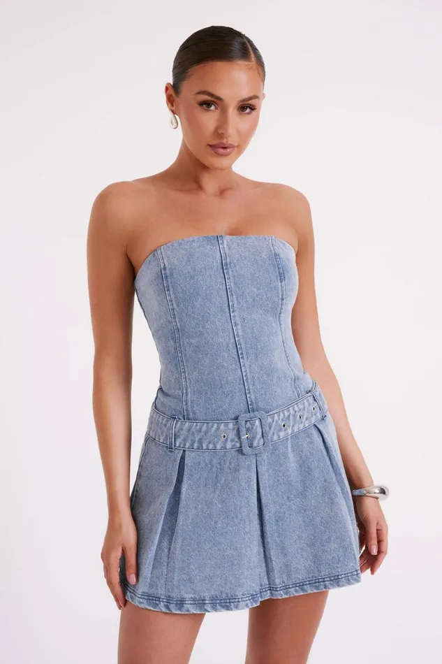 Women Meshki Dresses Lee Denim Pleated Mini Dress 8211 Vintage Blue