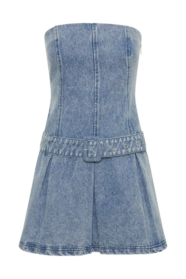 Women Meshki Dresses Lee Denim Pleated Mini Dress 8211 Vintage Blue