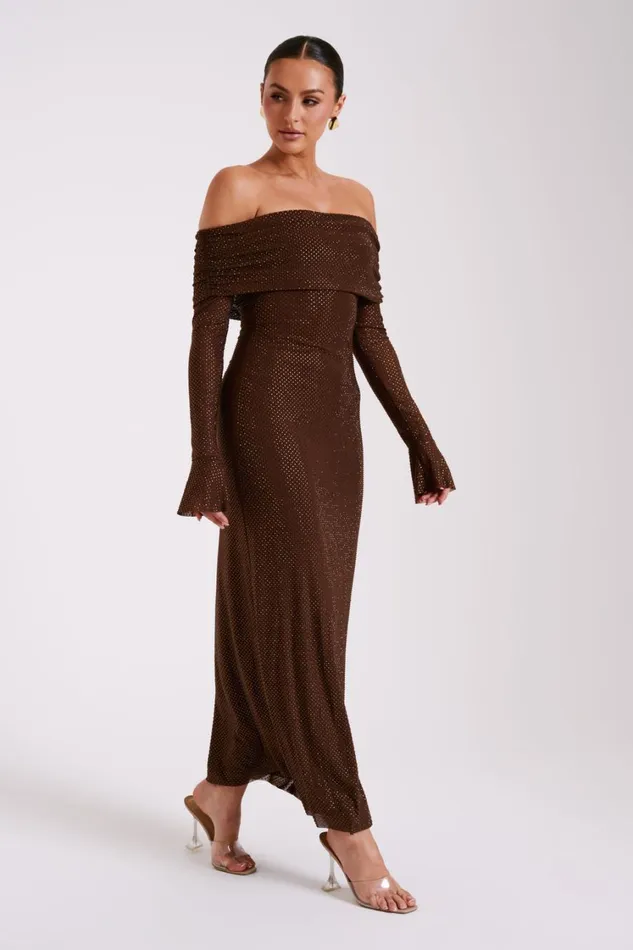 Women Meshki Dresses Marcel Off Shoulder Diamante Maxi Dress 8211 Chocolate