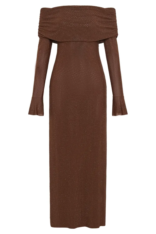 Women Meshki Dresses Marcel Off Shoulder Diamante Maxi Dress 8211 Chocolate