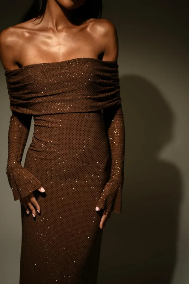 Women Meshki Dresses Marcel Off Shoulder Diamante Maxi Dress 8211 Chocolate