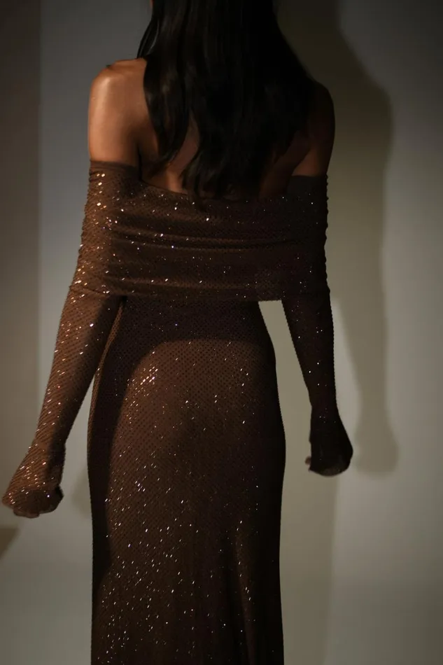 Women Meshki Dresses Marcel Off Shoulder Diamante Maxi Dress 8211 Chocolate