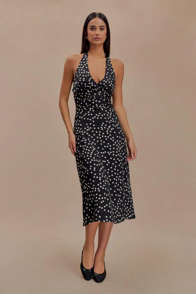 Women Meshki Dresses Marguerite Satin Halter Midi Dress 8211 Black Polka Dot Print Women Meshki Dresses Marguerite Satin Halter Midi Dress 8211 Black Polka Dot Print