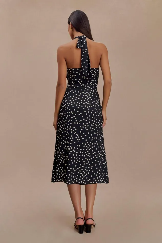 Women Meshki Dresses Marguerite Satin Halter Midi Dress 8211 Black Polka Dot Print