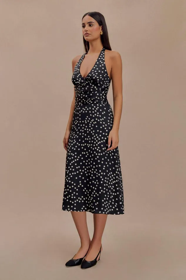 Women Meshki Dresses Marguerite Satin Halter Midi Dress 8211 Black Polka Dot Print