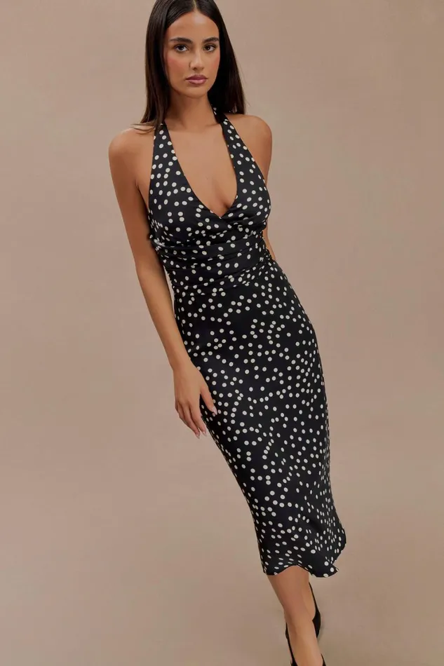 Women Meshki Dresses Marguerite Satin Halter Midi Dress 8211 Black Polka Dot Print