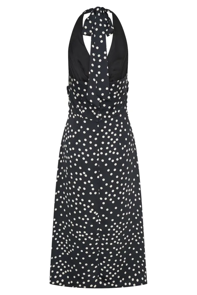 Women Meshki Dresses Marguerite Satin Halter Midi Dress 8211 Black Polka Dot Print