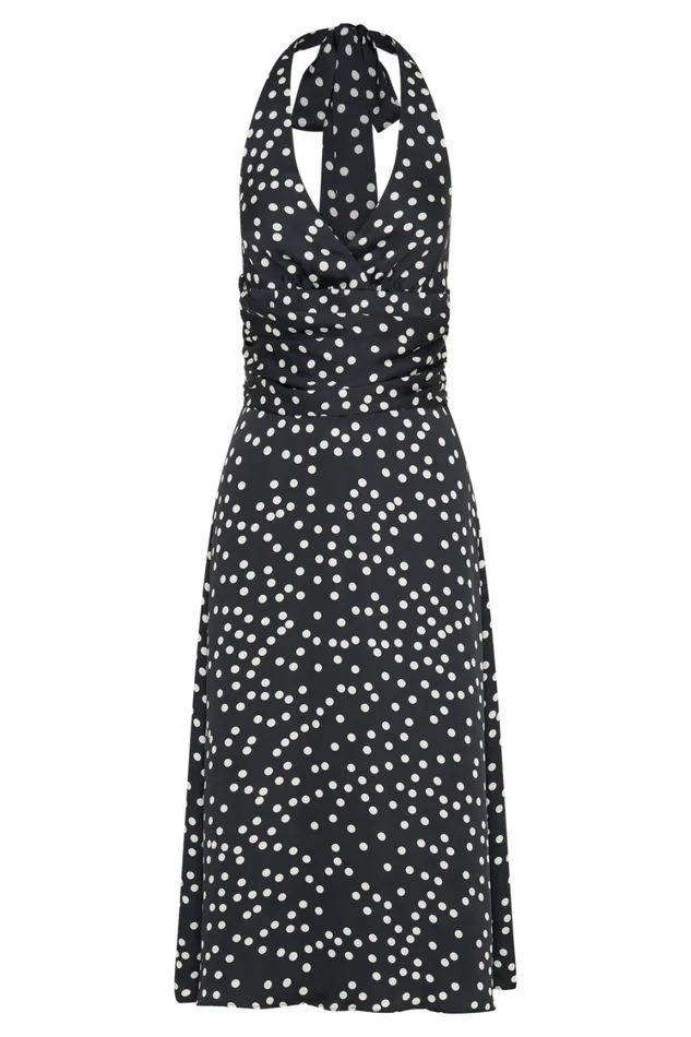 Women Meshki Dresses Marguerite Satin Halter Midi Dress 8211 Black Polka Dot Print