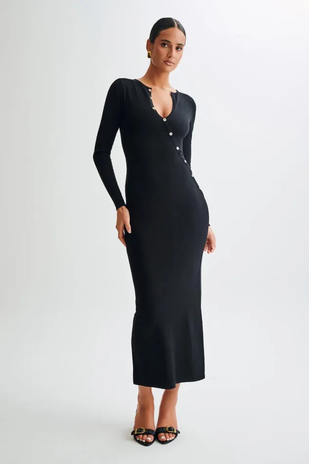 Women Meshki Dresses Maria Long Sleeve Buttoned Knit Maxi Dress 8211 Black