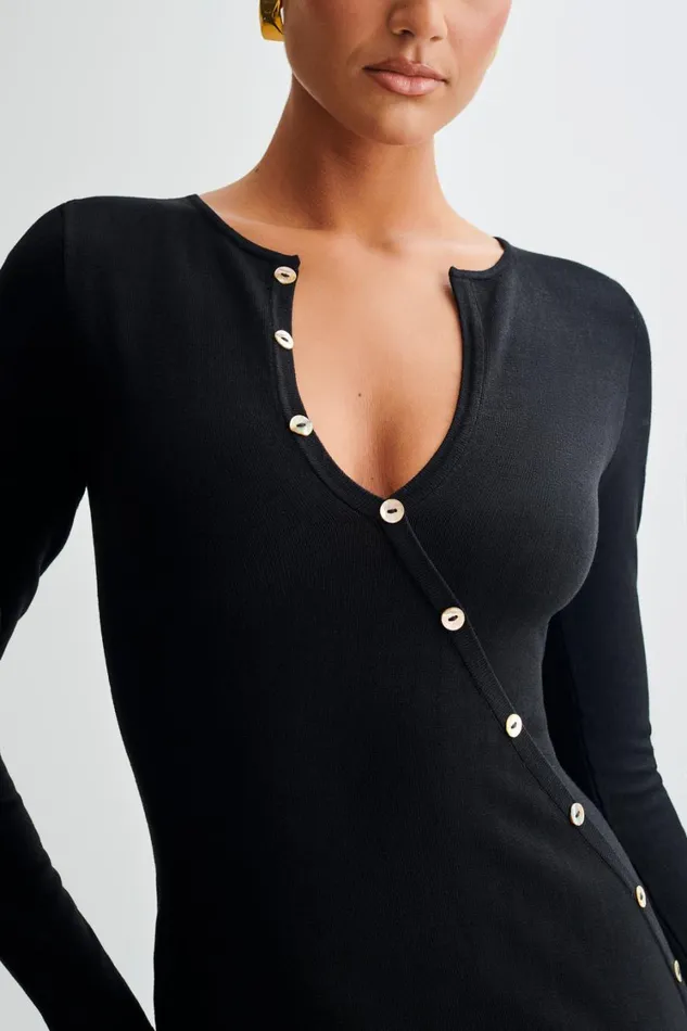 Women Meshki Dresses Maria Long Sleeve Buttoned Knit Maxi Dress 8211 Black