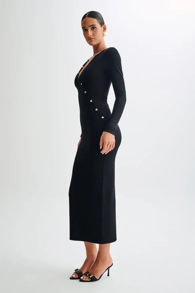 Women Meshki Dresses Maria Long Sleeve Buttoned Knit Maxi Dress 8211 Black