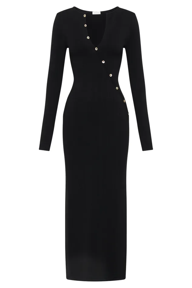 Women Meshki Dresses Maria Long Sleeve Buttoned Knit Maxi Dress 8211 Black