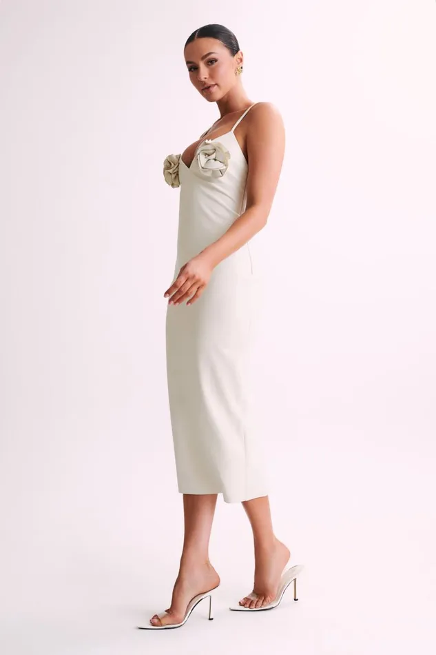 Women Meshki Dresses Mariam Faux Leather Rose Midi Dress 8211 Ivory