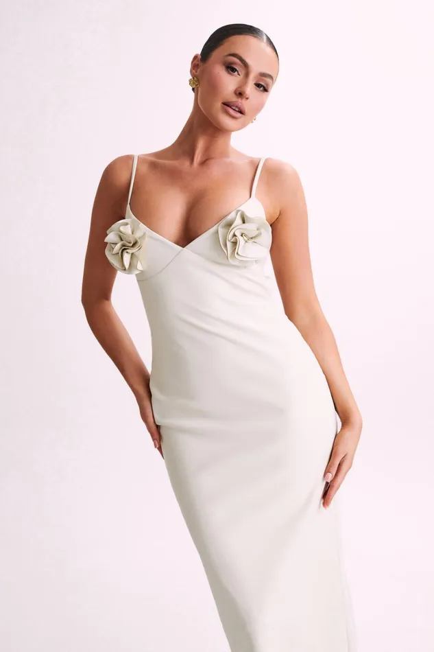 Women Meshki Dresses Mariam Faux Leather Rose Midi Dress 8211 Ivory