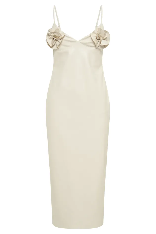 Women Meshki Dresses Mariam Faux Leather Rose Midi Dress 8211 Ivory