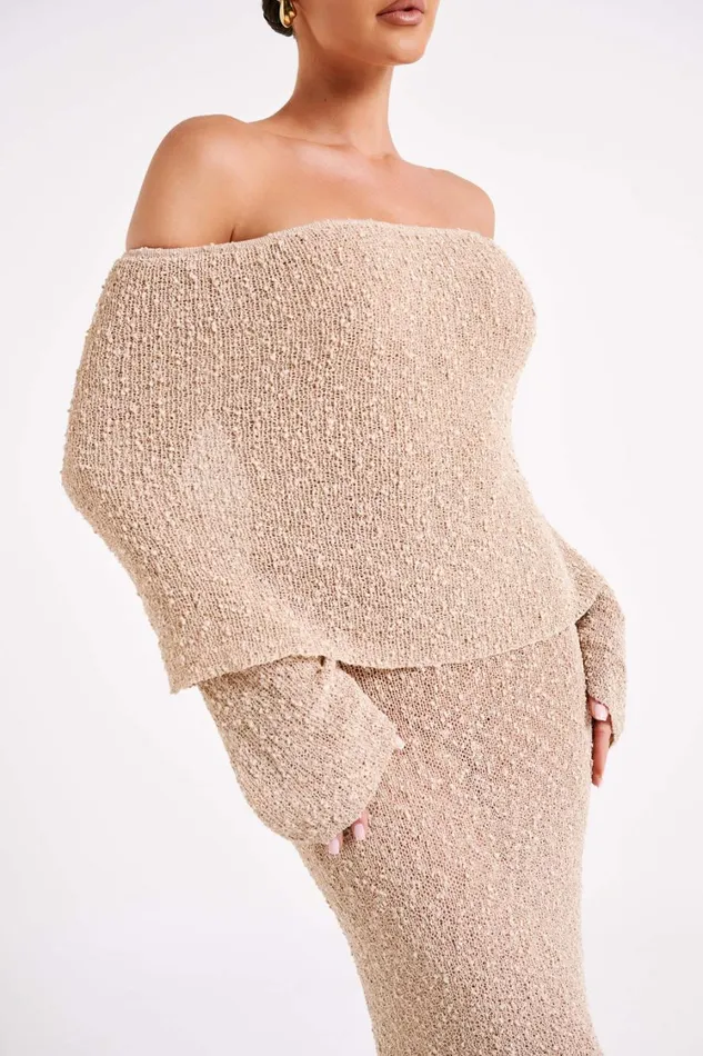 Women Meshki Dresses Marisol Off Shoulder Boucle Maxi Dress 8211 Wheat