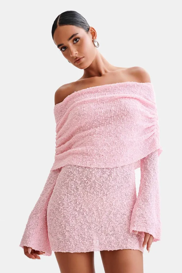 Women Meshki Dresses Marisol Off Shoulder Boucle Mini Dress 8211 Baby Pink