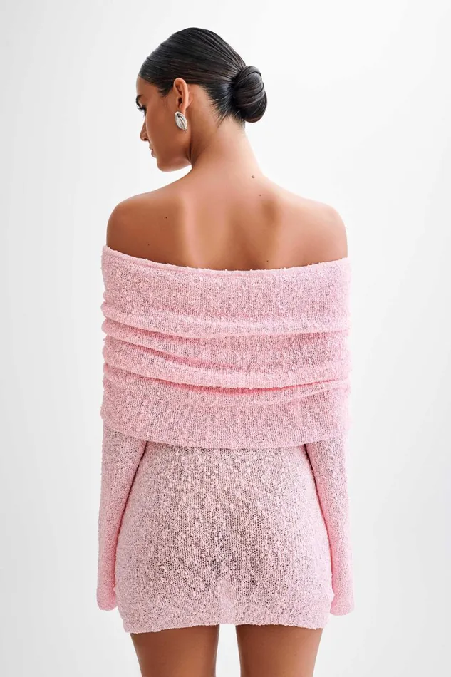 Women Meshki Dresses Marisol Off Shoulder Boucle Mini Dress 8211 Baby Pink