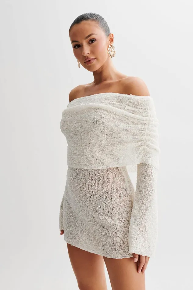 Women Meshki Dresses Marisol Off Shoulder Boucle Mini Dress 8211 Ivory