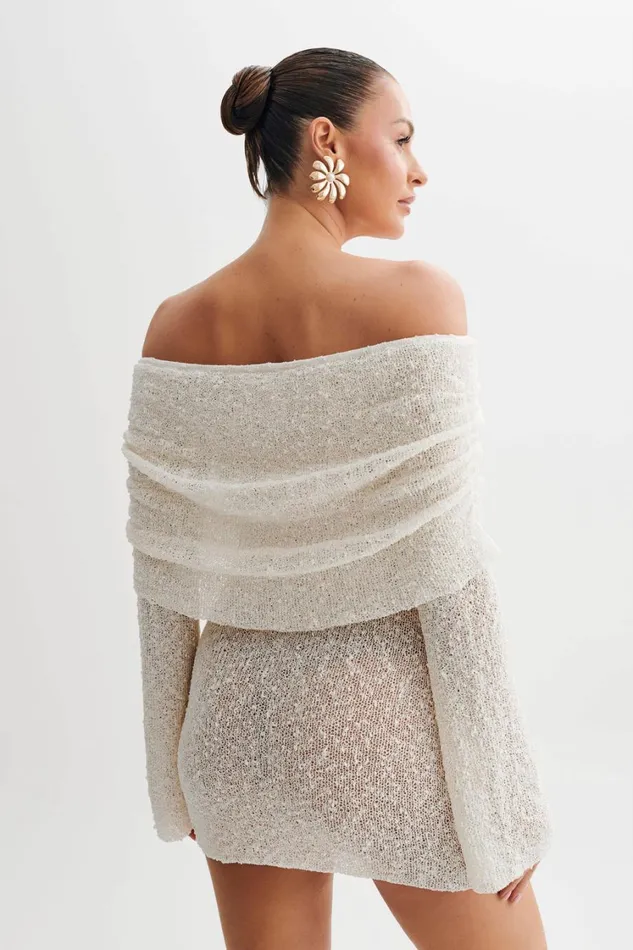 Women Meshki Dresses Marisol Off Shoulder Boucle Mini Dress 8211 Ivory