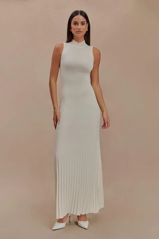 Women Meshki Dresses Mavis High Neck Pleated Maxi Dress 8211 Ivory