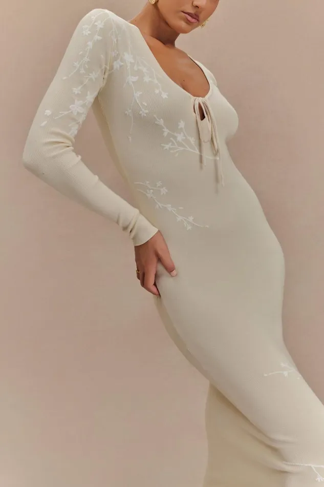 Women Meshki Dresses Mckenna Embroidered Knit Midi Dress 8211 Cream And Ivory