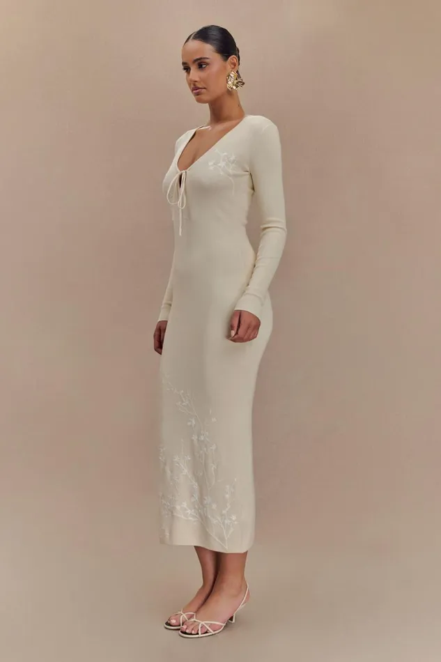 Women Meshki Dresses Mckenna Embroidered Knit Midi Dress 8211 Cream And Ivory